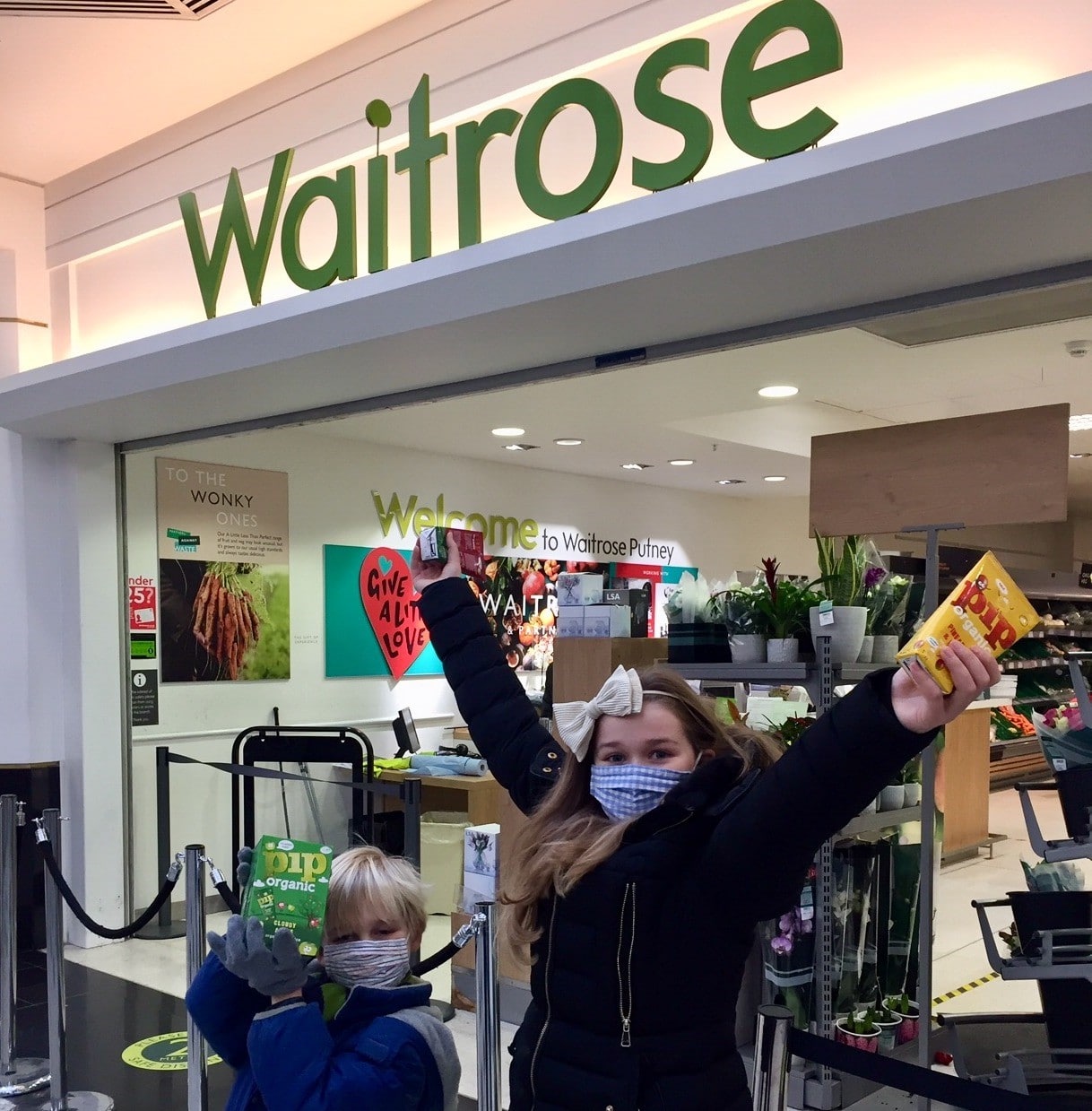 Kids celebrate launch of Pip Organic Kids carton range outside Waitrose Putney store